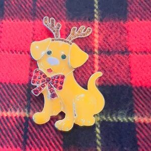 Festive Yellow Dog Pin with Red Bow Brooch